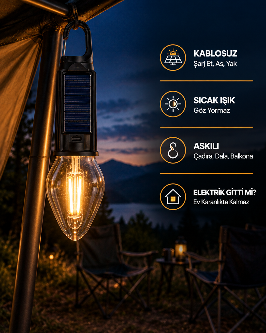 Şarjlı askılı kamp ampulü kare 1